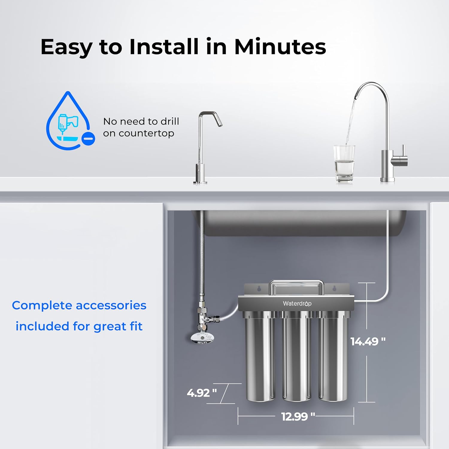 Waterdrop TST-B 0.01 Micron Ultra Filtration Under Sink Water Filter, 3-Stage Stainless Steel Under Sink Water Filtration System with Dedicated Faucet, Removes Chlorine, Taste&Odor (Drilling Required)