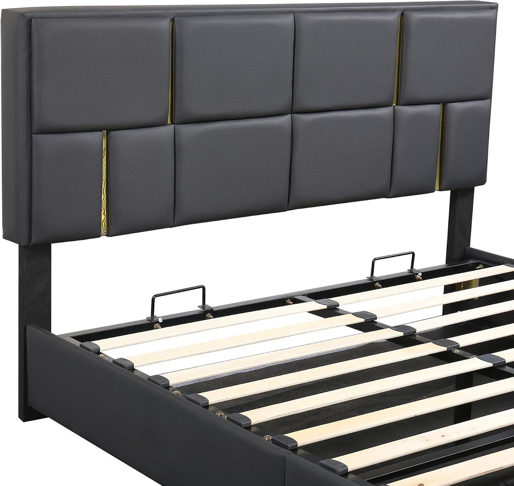 Queen Size Lift Up Storage Bed with Storage Ottoman, Queen Bed Frame with Tufted Headboard/Hydraulic Storage, 2-Pieces Queen Bedroom Sets, Easy Assembly, Pink(Black with Gold,Queen with Bench)