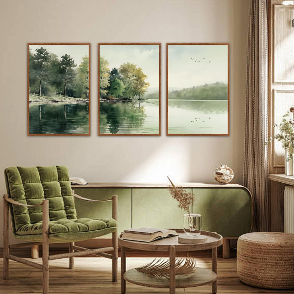 KAIRNE Framed Nature Canvas Wall Art Set,Misty Forest Wall Decor,Green Mountain Forest Pictures,Lake Water Painting set of 3(24'x36'),Landscape Scene Print for Living Room, Bedroom,Gallery Decor