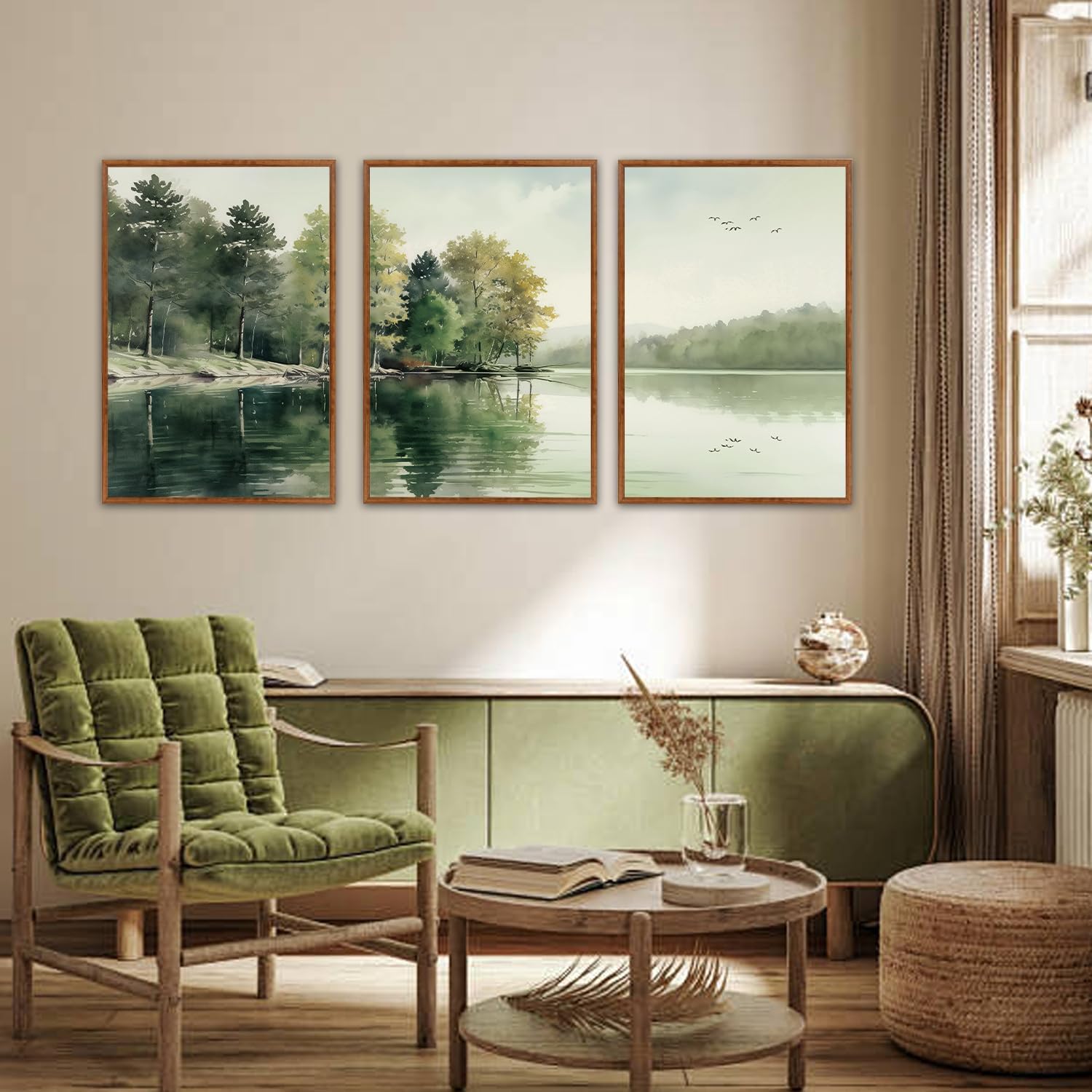 KAIRNE Framed Nature Canvas Wall Art Set,Misty Forest Wall Decor,Green Mountain Forest Pictures,Lake Water Painting set of 3(24'x36'),Landscape Scene Print for Living Room, Bedroom,Gallery Decor