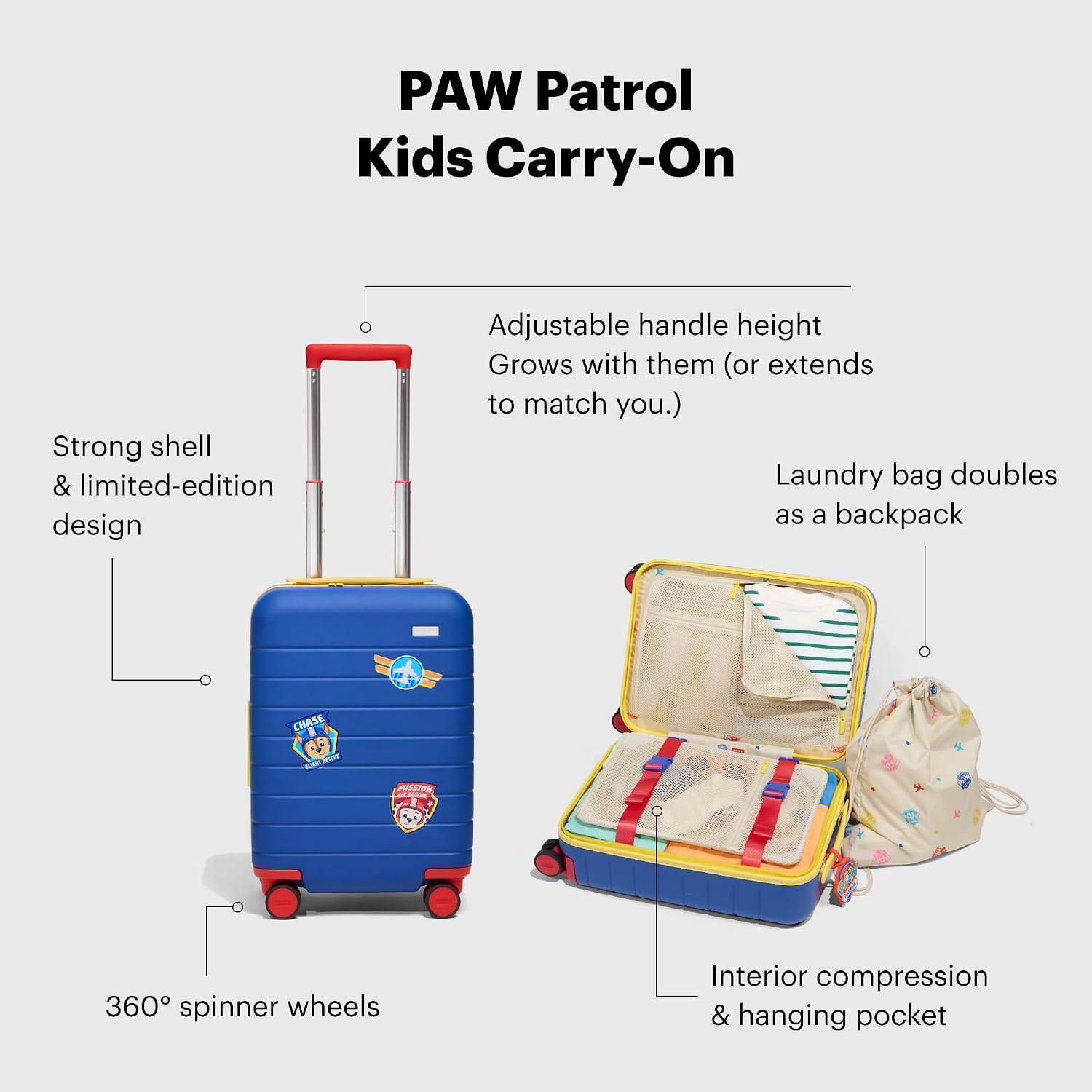 Away PAW Patrol Kids Carry On Luggage, Lightweight Rolling Suitcase for Children, TSA-Approved, Spinner Wheels, Travel Suitcase for Toddlers & Kids, Chase Badge Blue