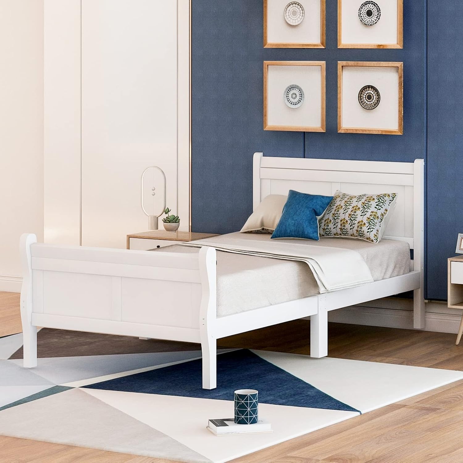 Twin Bed Frame, Twin Bed Headboard Wood Platform Bed White Twin Easy Assembly Bedroom Decor Set Noise Free