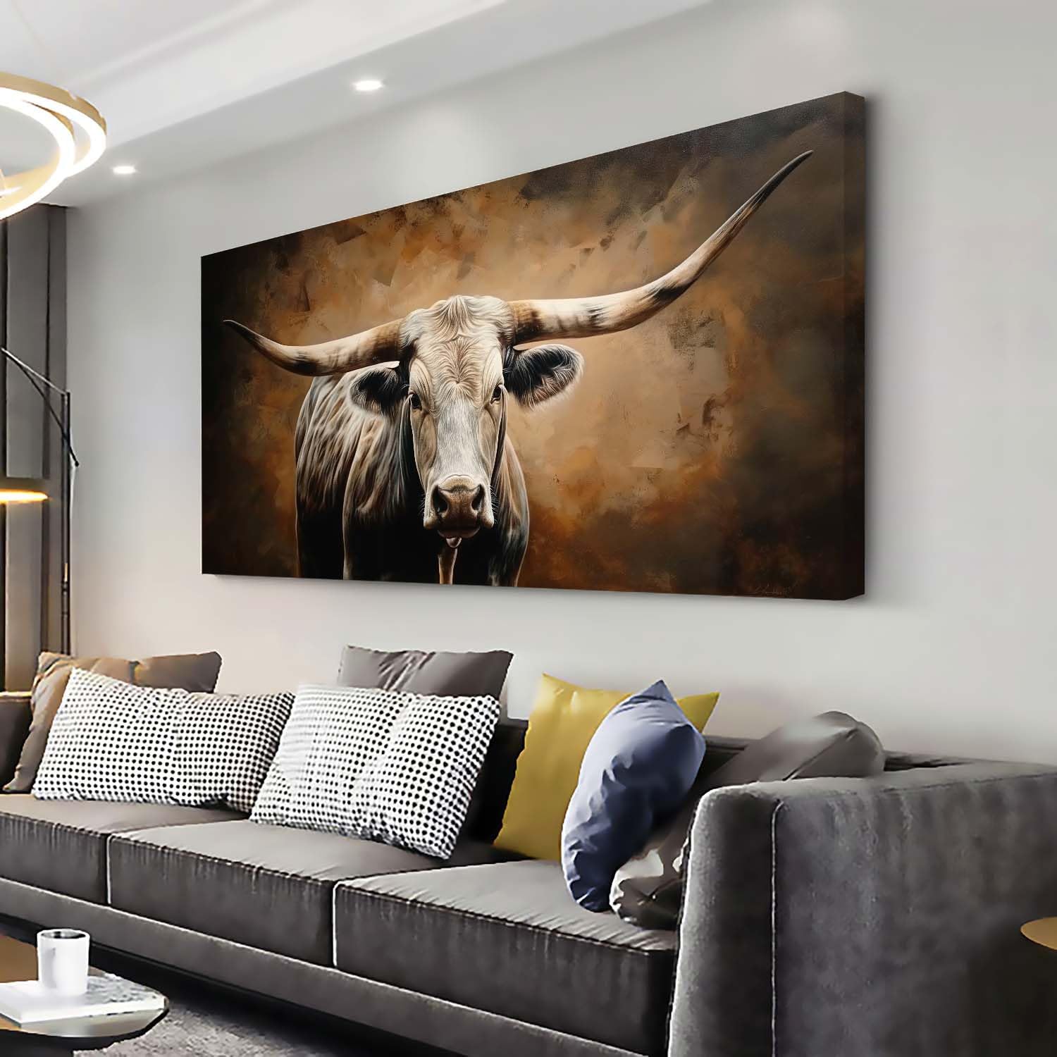 ZESTRILIA Brown Rustic Longhorn Bull Wall Art Modern Canvas Painting Prints Artwork Office Hallway Bedroom Living Room Decor (58x28 Inches)