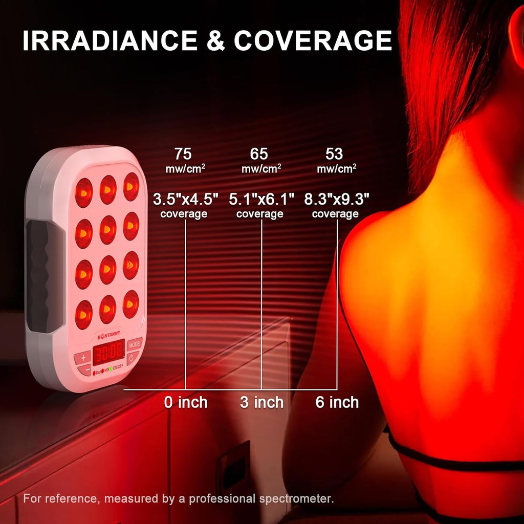 BONTANNY Portable Red Light Therapy, 660/850/1060nm 3 Wavelengths Mini Handheld Red Near Infrared Light Device, 12 Triple Chip Clinical Grade LEDs, Rechargeable, Travel Case, Timer, for Body, BO-60