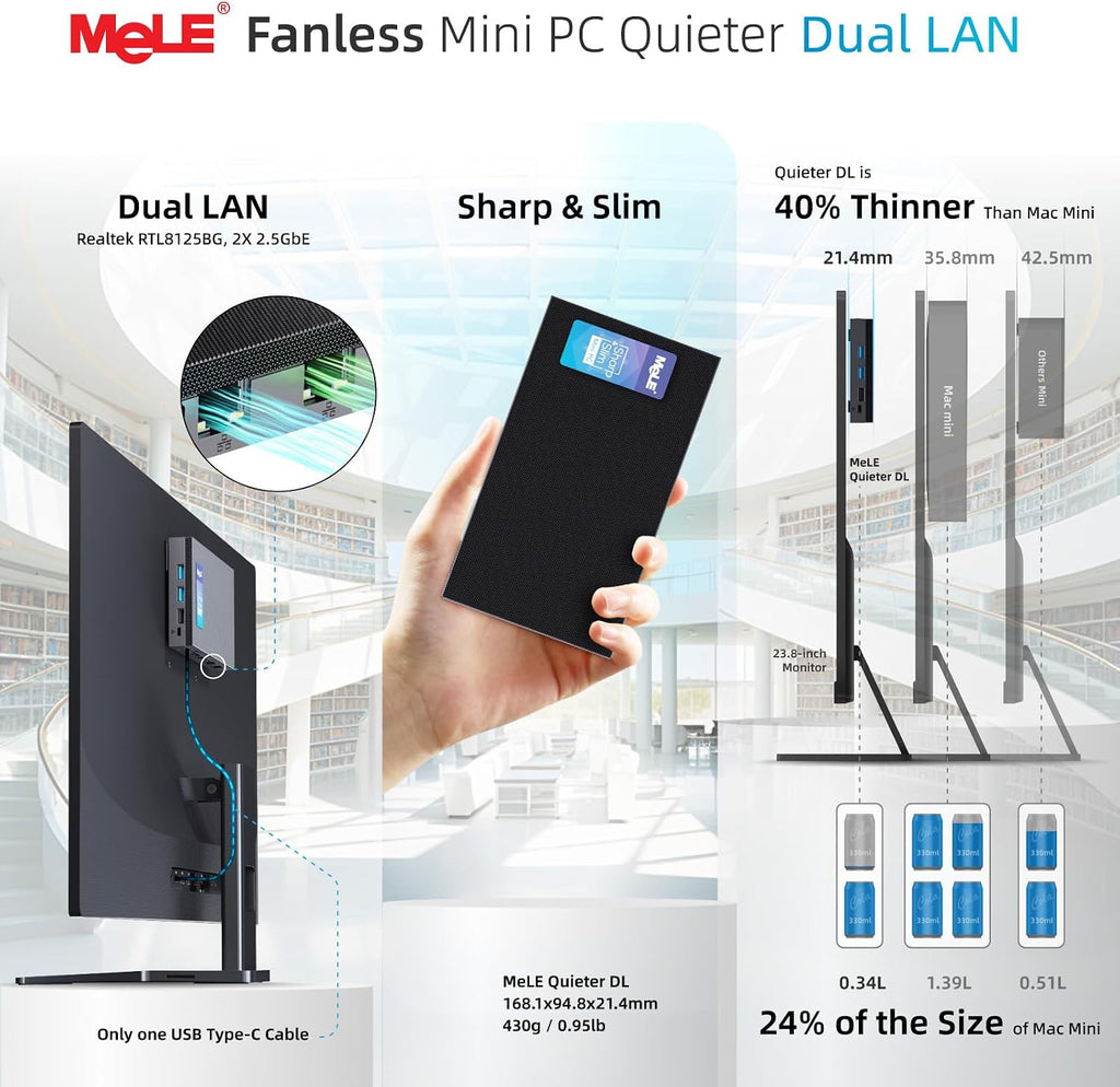MeLE QuieterDL Ultrathin Fanless N100 Mini PC Dual 2.5G LAN 4GB 128GB Micro PC Windows 11 Home HDMI 4K USB-C DP1.4 Triple Display 2.4/5GHz WiFi BT5.1 Small Desktop Computer on Soft Router, NAS, IoT