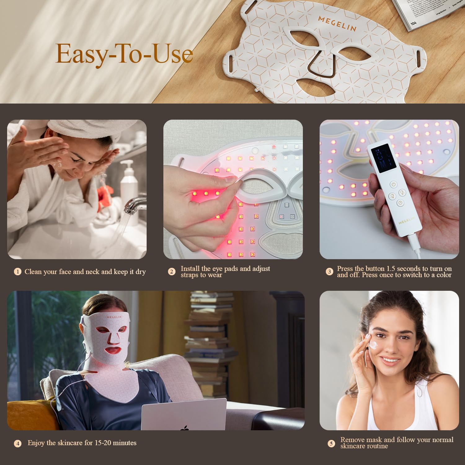 MEGELIN Led Red Light Therapy Face & Neck Mask, 7 Colors Led Light Therapy Facial Mask, Infrared Red Light Therapy Mask, Infrared Light Skin Rejuvenation(White)