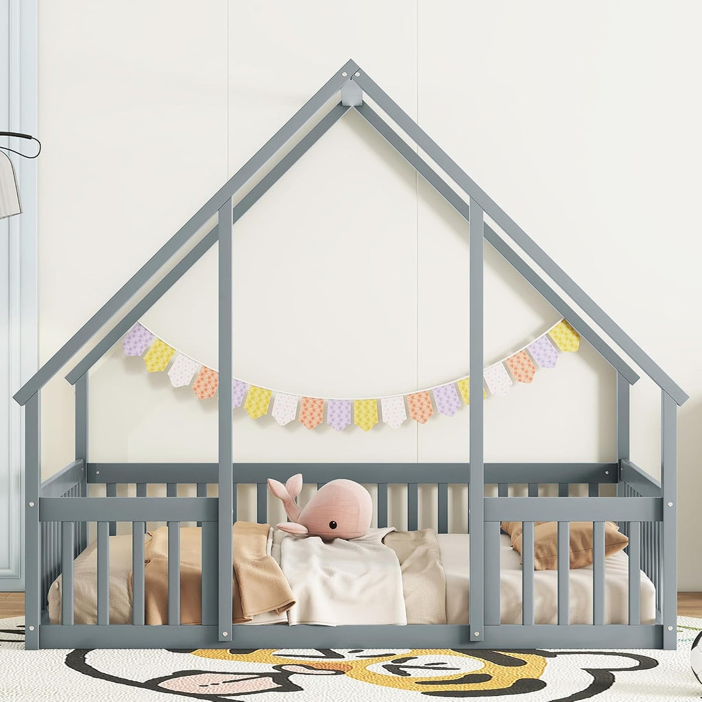 JIVOIT House Bed Full Size Floor Bed, Full Wood House-Shaped Floor Bed with Fence and Guardrails, Wood House Roof Frame, Montessori Floor Bed Frame (Grey-Full,129)
