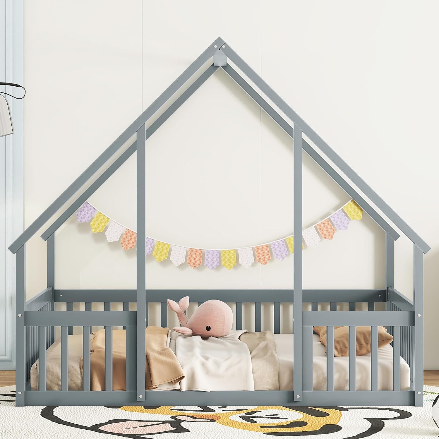 JIVOIT House Bed Full Size Floor Bed, Full Wood House-Shaped Floor Bed with Fence and Guardrails, Wood House Roof Frame, Montessori Floor Bed Frame (Grey-Full,129)
