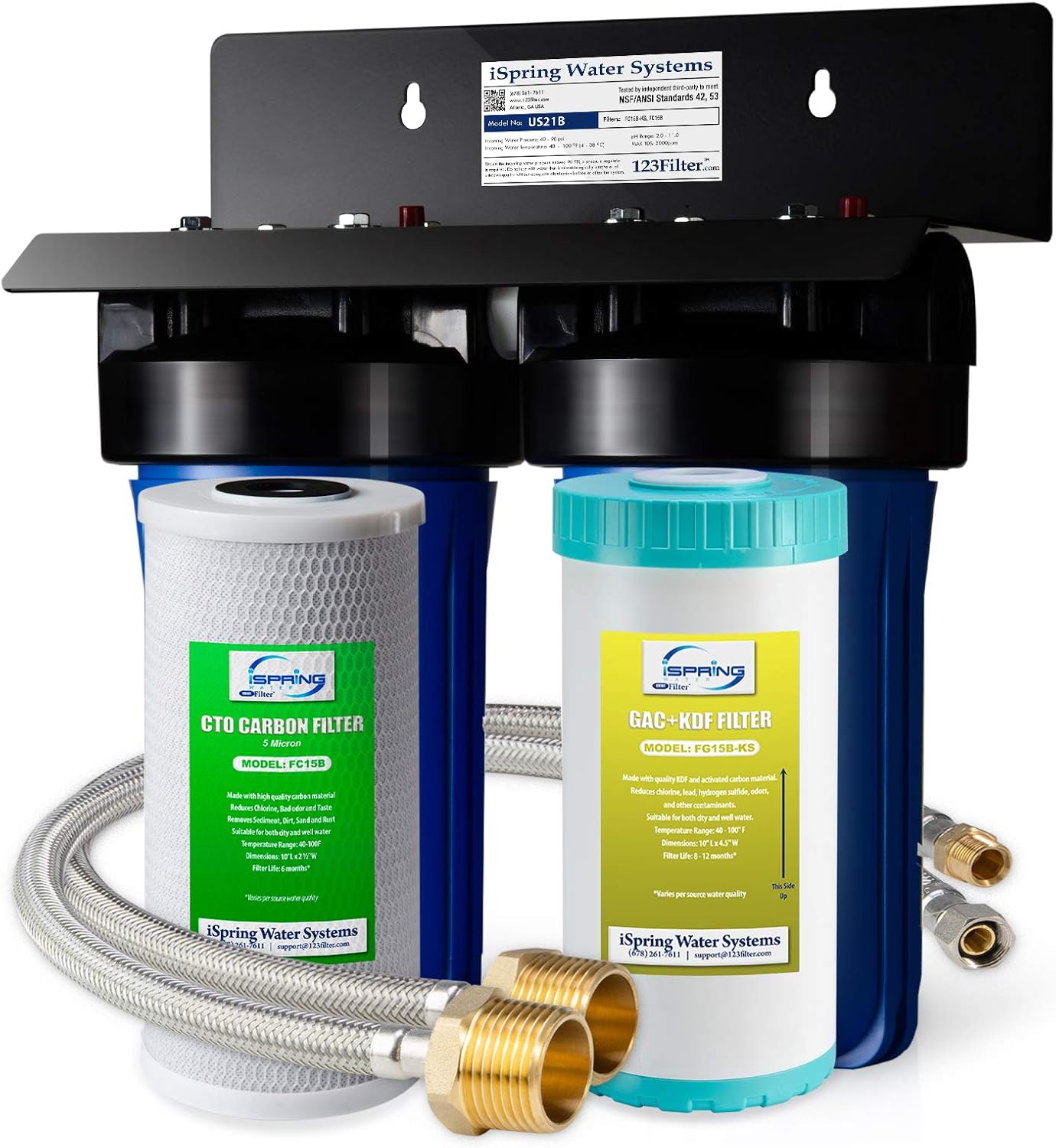 iSpring US21B High Capacity Under Sink Water Filter System with Upgraded Hoses, Removes PFAS, PFOA/PFOS, Chlorine, Iron, Lead, Odor and More, 15GPM Fast Flow
