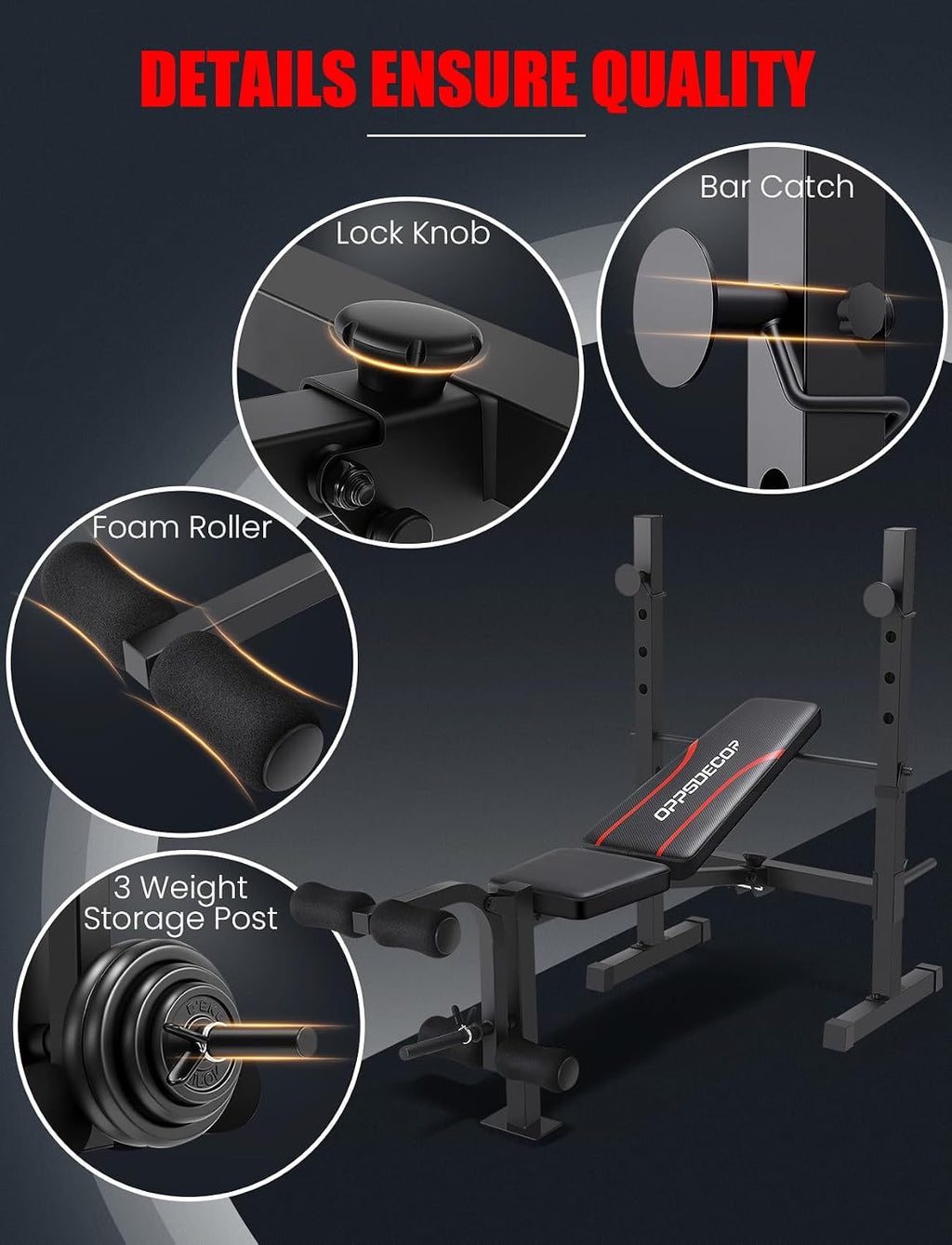OPPSDECOR Adjustable Weight Bench Set with Squat Rack, 3 Sec Folding Workout Bench for Full Body Exercise, 600LBS All-in-One Bench Press with Leg Curl & Leg Extension, Incline Decline Flat Home Gym Bench for Teens Adults