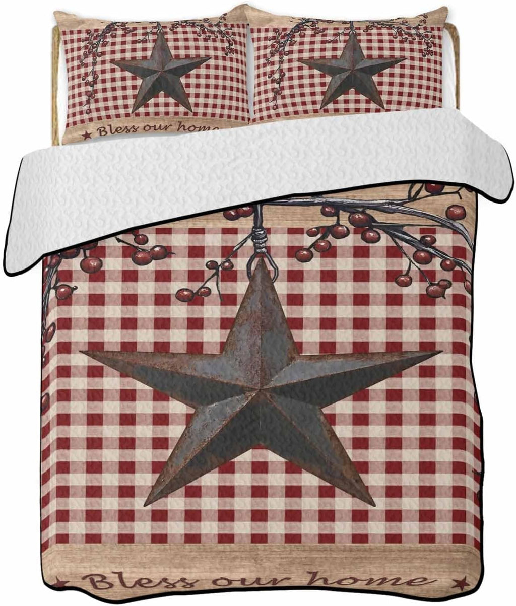 Quilt King Size Bedding Set, Texas Star Farmhouse Lightweight Summer Quilt 3 Pieces Bedding Sets, Rustic Red Plaid Berry Wooden Reversible Soft Bedspreads Coverlets with 2 Pillow Shams for All Season