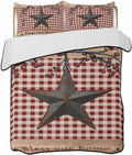 Quilt King Size Bedding Set, Texas Star Farmhouse Lightweight Summer Quilt 3 Pieces Bedding Sets, Rustic Red Plaid Berry Wooden Reversible Soft Bedspreads Coverlets with 2 Pillow Shams for All Season