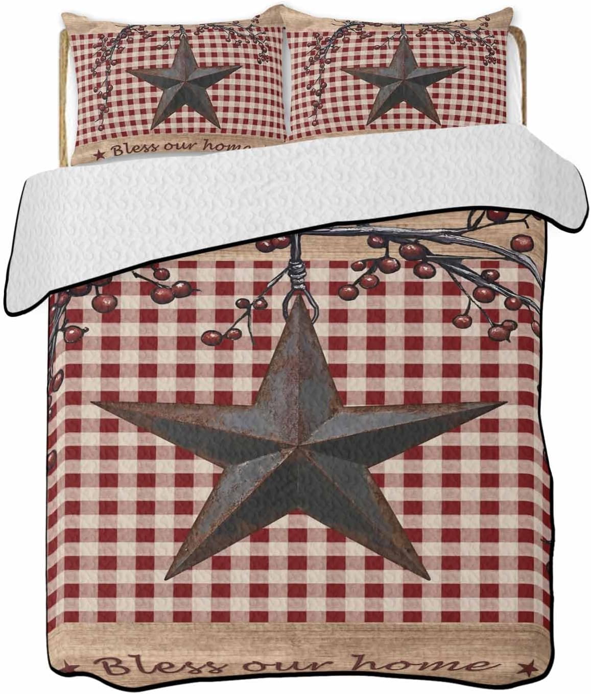 Quilt King Size Bedding Set, Texas Star Farmhouse Lightweight Summer Quilt 3 Pieces Bedding Sets, Rustic Red Plaid Berry Wooden Reversible Soft Bedspreads Coverlets with 2 Pillow Shams for All Season