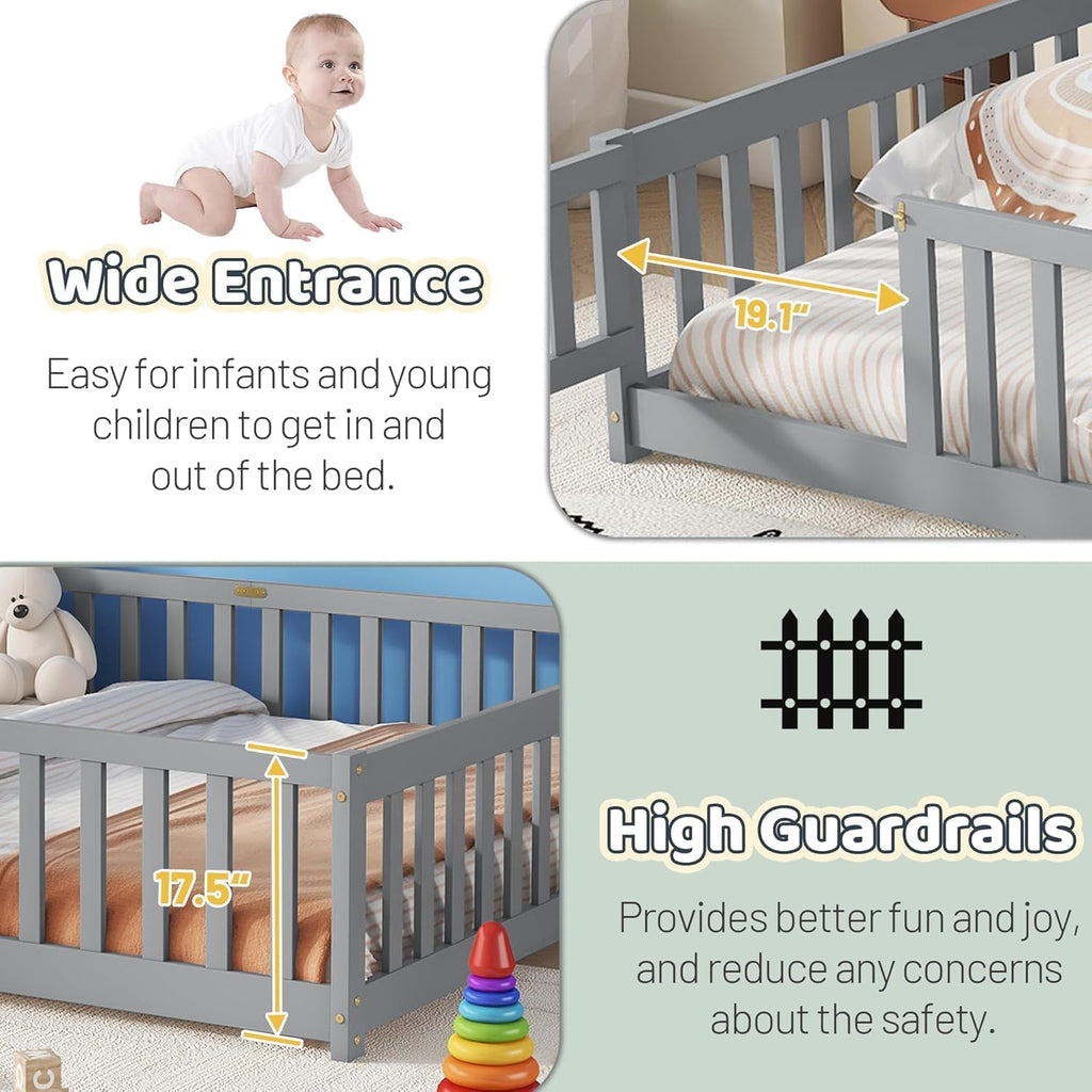 Queen Size Floor Bed, Wooden Montessori Bed Frame with Door, Montessori Floor Queen Bed with Rails for Boys and Girls, No Box Spring Needed, Grey