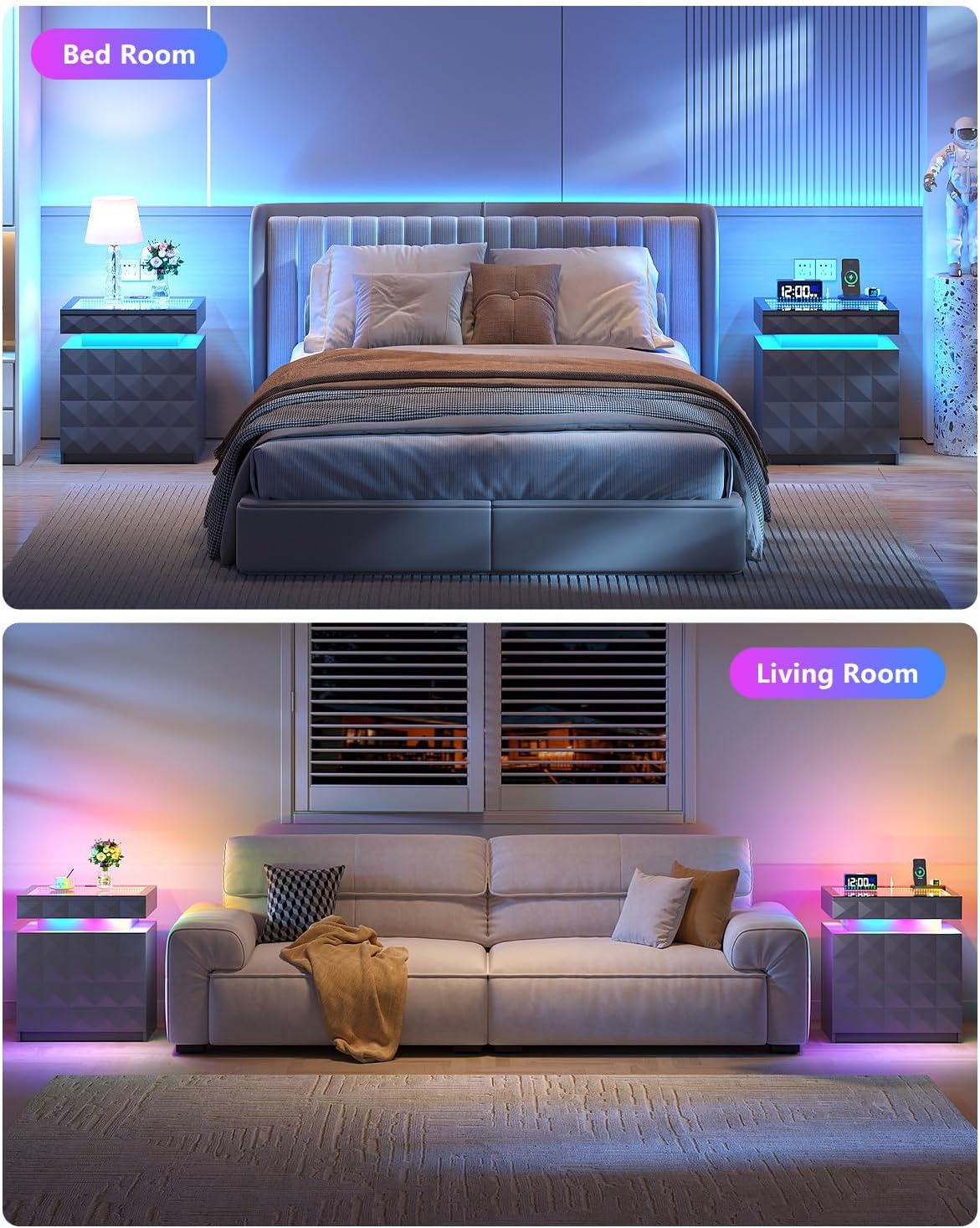 Night Stand Set 2 with Charger Station & RGB Lights, 3 Drawers Bedside Table with Sliding Top, Modern Night Stands with Human Body Sensor for Bedroom, Grey