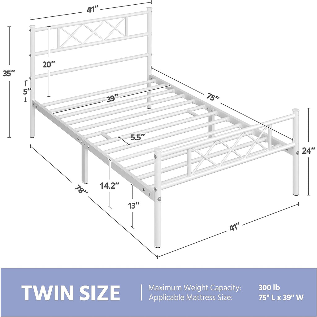 Yaheetech White Twin Metal Platform Bed Frame Mattress Foundation with Headboard and Footboard Under Bed Storage Steel Slats No Box Spring Needed 2Pcs