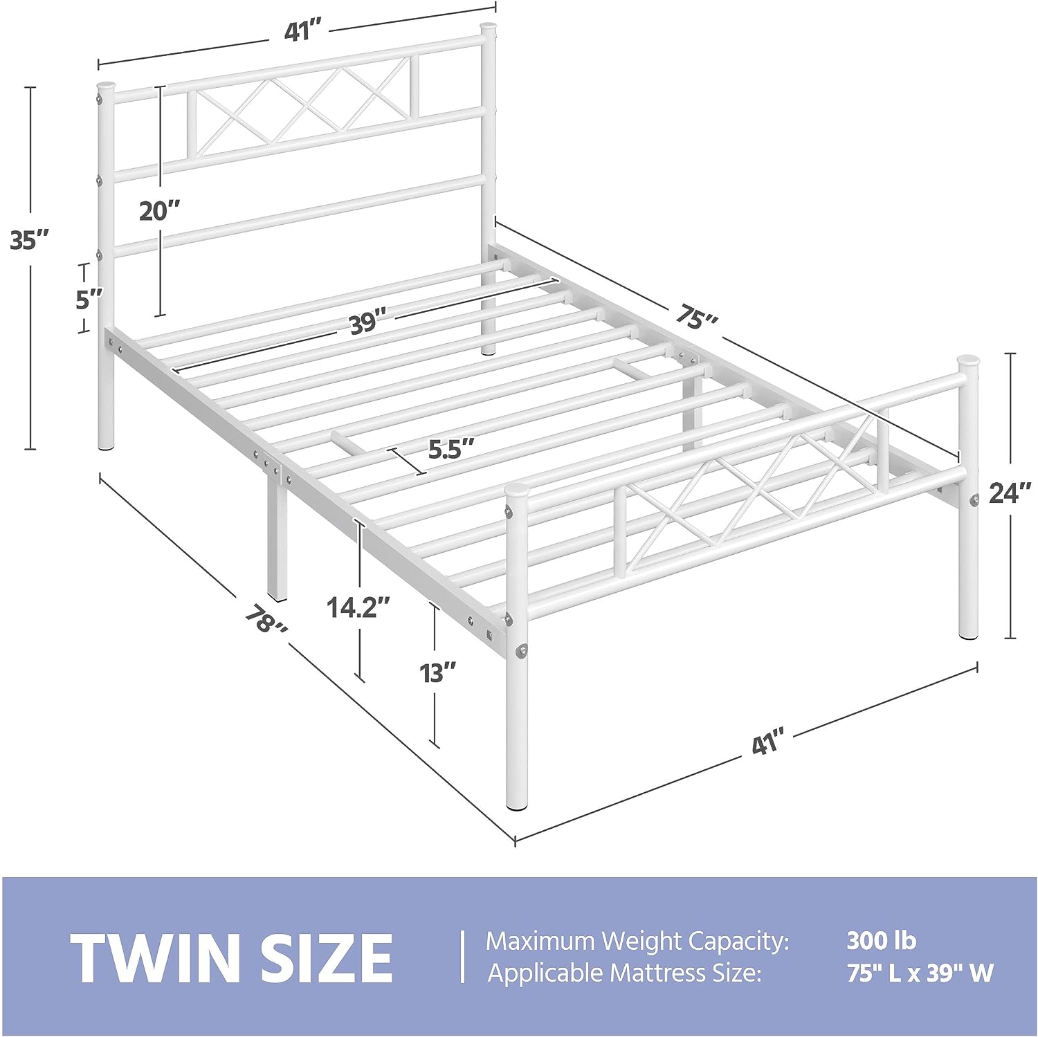 Yaheetech White Twin Metal Platform Bed Frame Mattress Foundation with Headboard and Footboard Under Bed Storage Steel Slats No Box Spring Needed 2Pcs