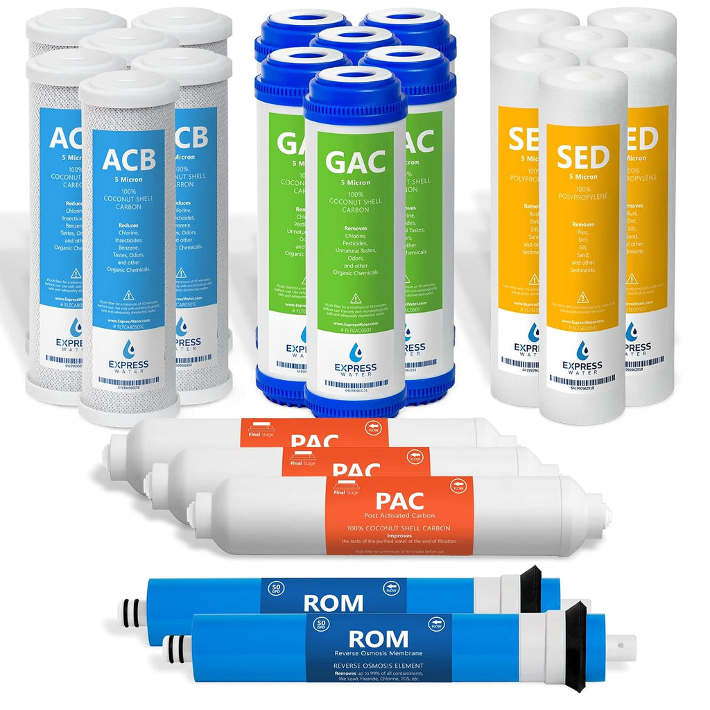 Express Water – 3 Year Reverse Osmosis System Replacement Filter Set – 23 Water Filters with 50 GPD RO Membrane, Carbon GAC, ACB, PAC Filters, Sediment SED Filters – 10 inch Size