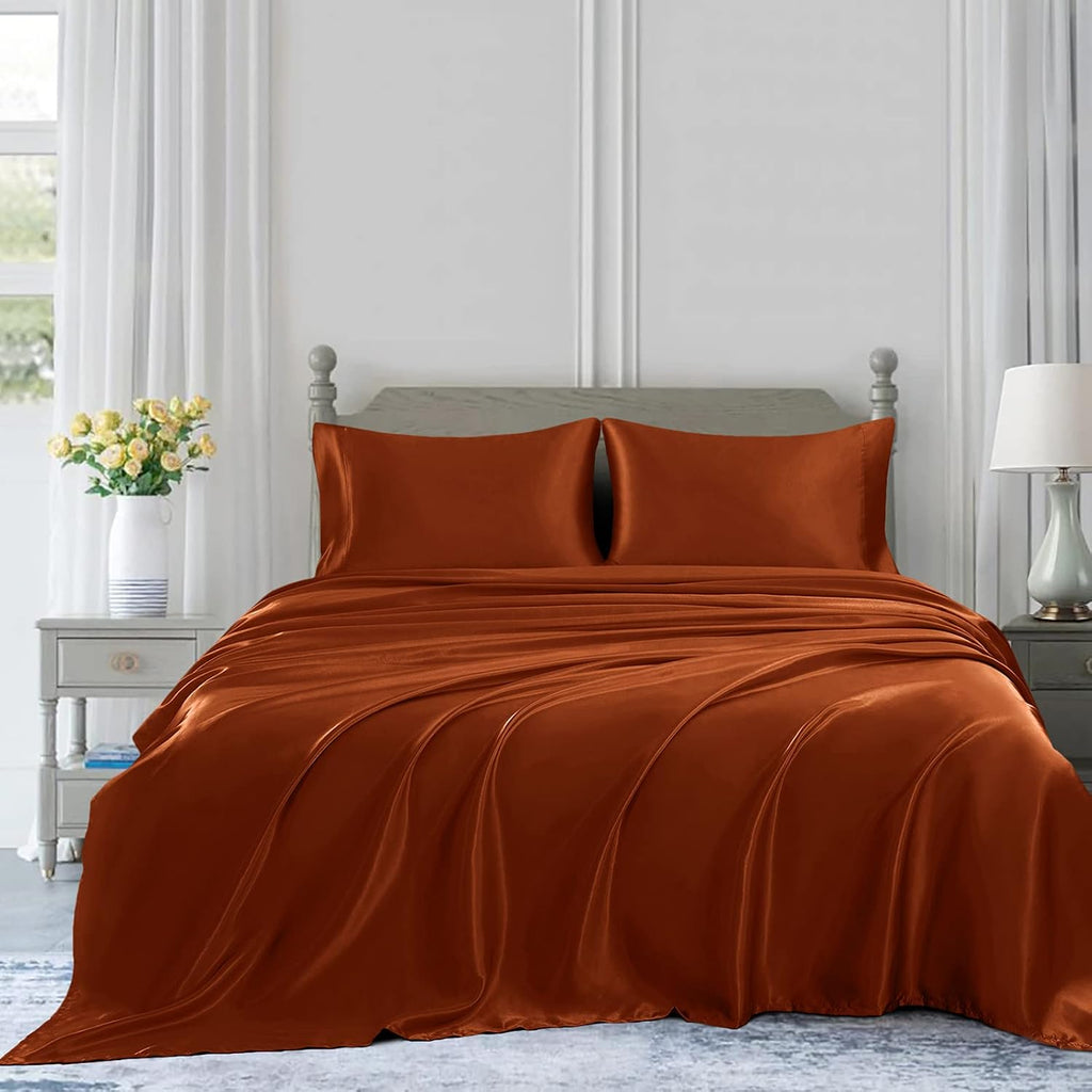 Twin XL Size 4-Piece Sheet Set Premium Mulberry Silk Bed Sheets Set Fits 14-16' Deep Pocket - Luxurious Soft Silk (Solid, Burnt Orange)