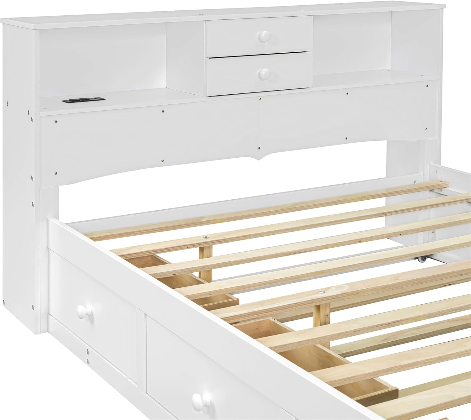 Full Size Wooden Platform Bed Frame with 3 Drawers, Upper Shelves, Twin Size Trundle and a set of USB Ports & Sockets, No Box Spring Needed, Easy to Assemble, Bedroom Furniture, Noise-Free, White