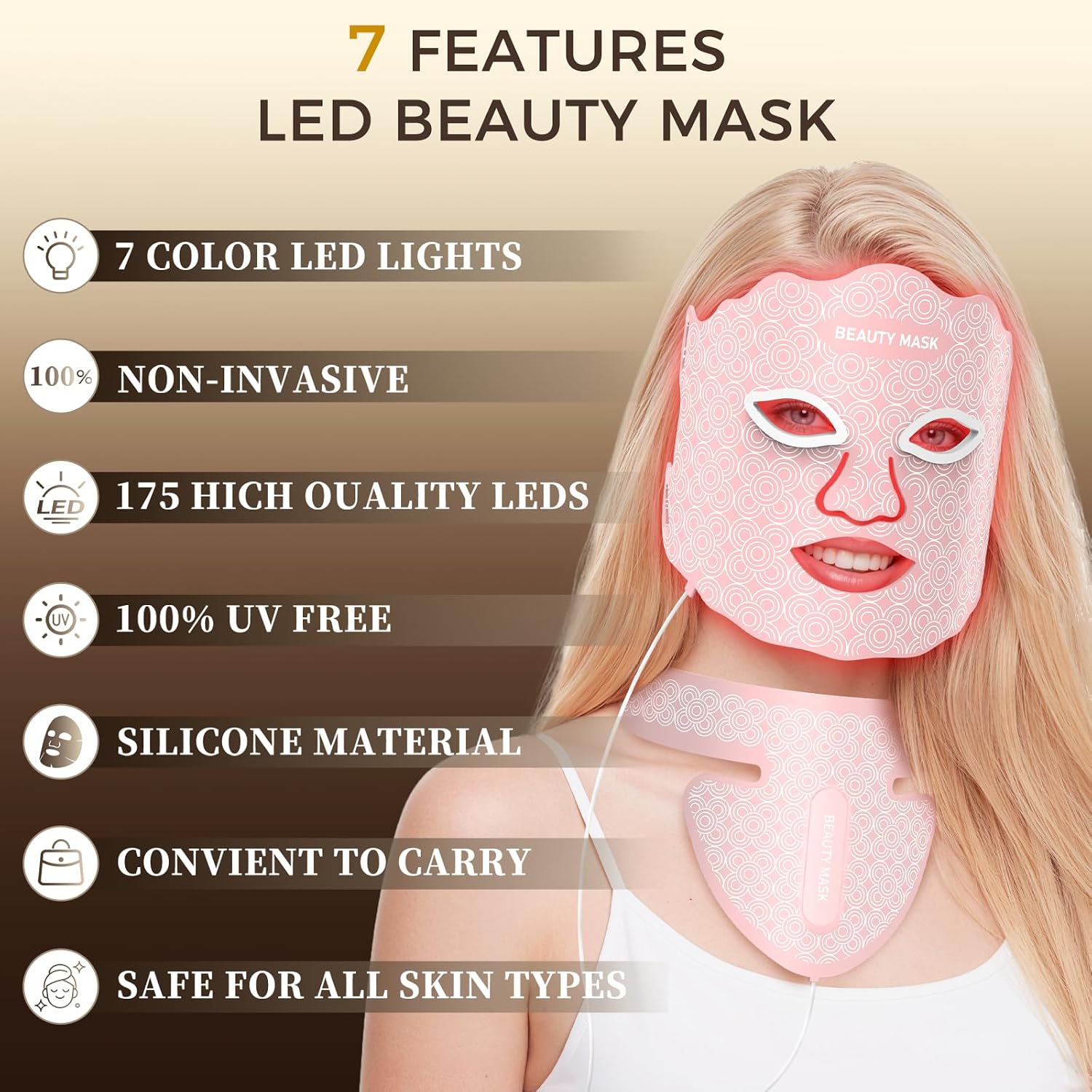 FDA-Cleared Red Light Therapy for Face & Neck, Rechargeable 7-in-1 LED with 850nm & 660nm NIR, Hands-Free Silicone for Anti-Aging, Wrinkle Reduction & Sensitive Skin During Yoga or Work