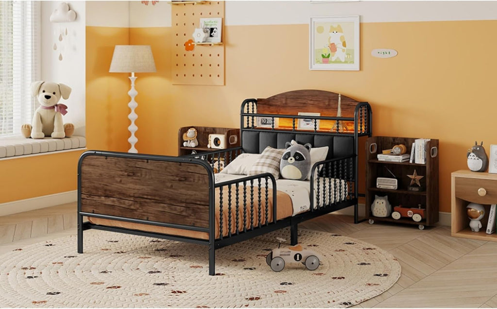 Modern Upholstered Platform Bed Frame with App Controlled LED Lights Storage Headboard Full Length Guardrails Low Profile Design Metal Structure for Bedroom (Black+Storage Shelves,Twin)