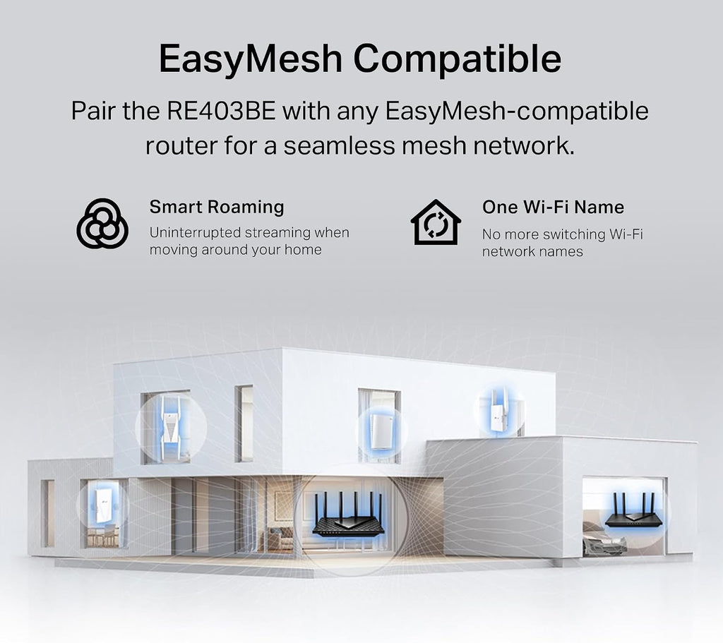TP-Link BE6300 Wi-Fi 7 Range Extender RE403BE w/ 2.5G Port | 6.3 Gbps Dual-Band Wireless Repeater | Internet Signal Booster for Home | Up to 2800 sq.ft, 64 Devices | MLO, EasyMesh | No 6 GHz Band