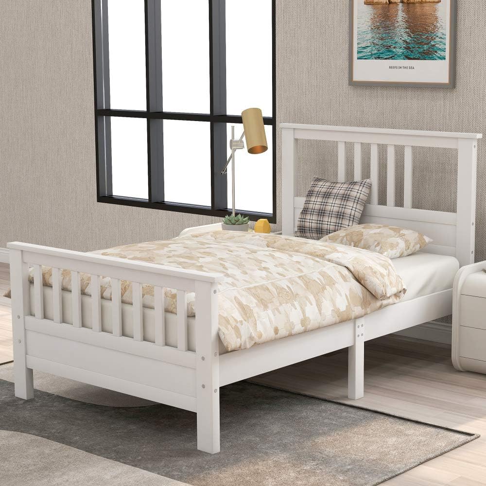 Solid Wood Platform Bed Frame with Integrated Headboard and Footboard for Supportive, Minimalist Bedroom Setup (White + Pine + Twin)