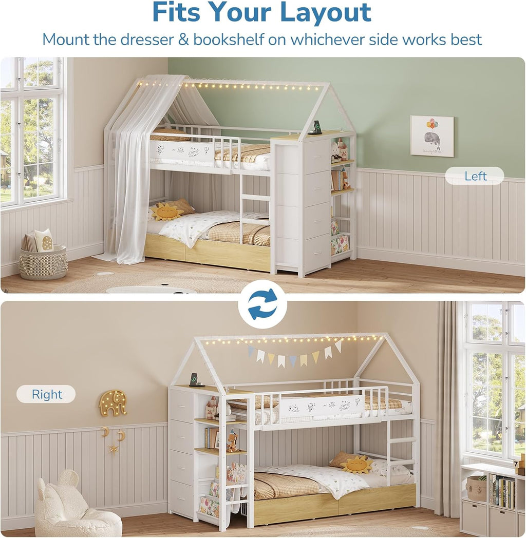 Twin Bunk Bed for Kids with 6 Storage Drawers, Montessori Bookshelf, House Shaped Bed with Globe String Lights and USB Ports, Metal Low Bunk Bed Twin Over Twin with Safety Guardrail and Ladder, White