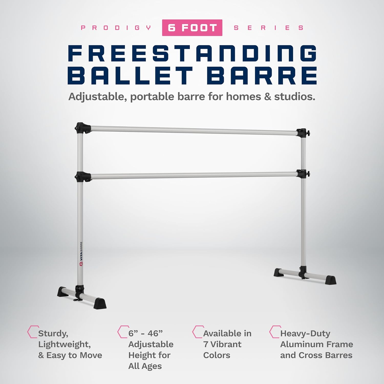 VITA Barre Portable Freestanding Double Ballet Barre, Prodigy, Aluminum | Adjustable Height, USA Made, Home or Gym Exercise Equipment for Kids & Adults | Dance, Fitness, Pilates