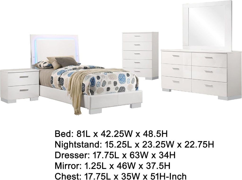 Benzara Sok 5pc Twin Bedroom Set with Blue LED Lights, White High Gloss Wood