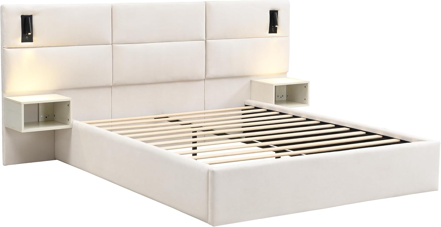 Merax Queen Size Chenille Upholstered Bed Frame with Wide headboard and Small Reading Lamp and Side Nightstand for Adults, Heavy Duty Steel Center Beam for Support, No Box Spring Needed, White