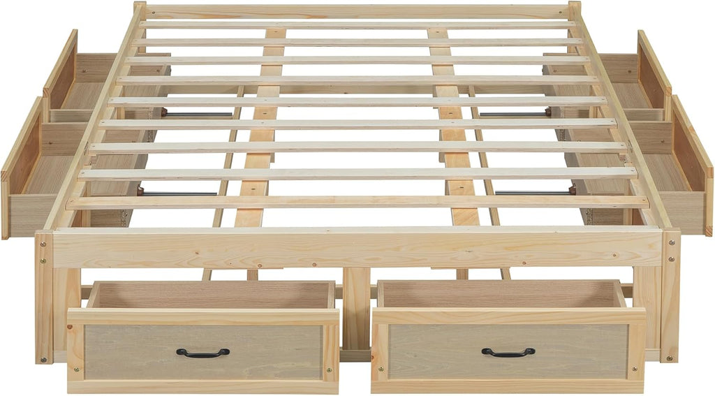 Queen Size Wooden Platform Bed with 6 Storage Drawers, No Box Spring Needed (Antique Natural, Queen)