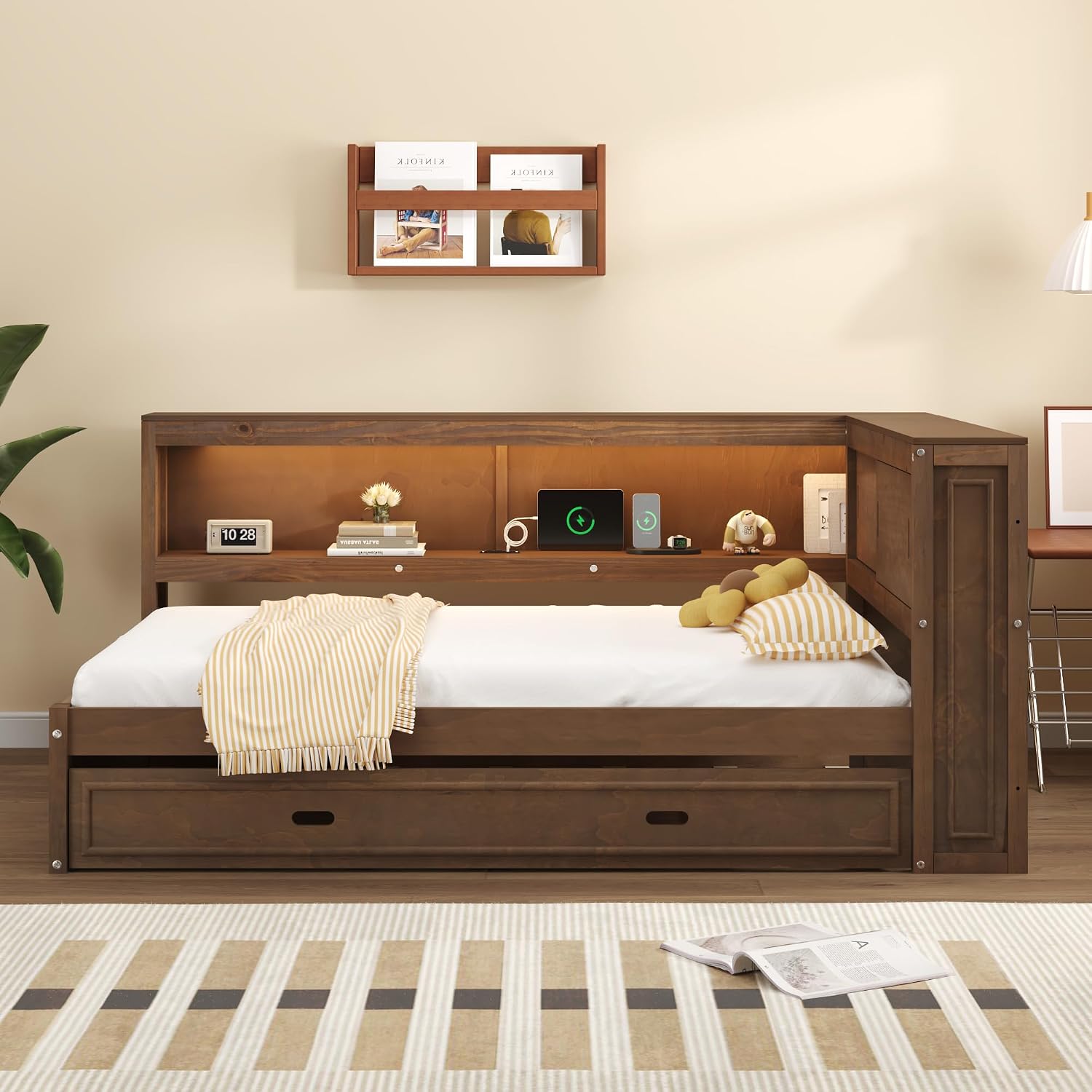 Modern Full Size Daybed with Storage Shelves and Bookcase, L Shape Corner Bed with LED Lights & USB Ports, Full Wood Daybed with Trundle for Kids Teens Adults (Antique Wood-Q28)