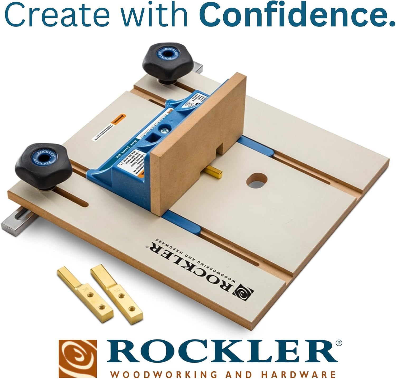 Router Table Box Joint Jig - Finger Joint Indexing Keys w/Three Finger Widths ¼', ⅜' & ½' - Stable MDF Router Fence w/Low-Friction Melamine Coating - Knobs to Lock Platform w/ ¾' Miter Slot