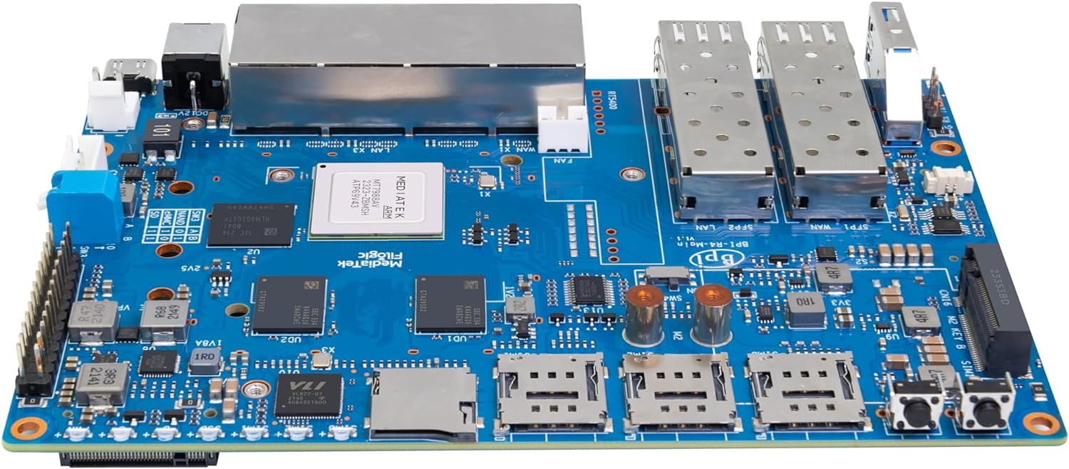 Banana Pi BPI-R4 Wi-Fi 7 Wireless Dual-Band WiFi OpenWRT Router Board, with MediaTek MT7988A (Filogic 880) SoC, Support 2X 10GbE SFP and 4X GbE Gigabit Ethernet for NAS Smart Home Gateway