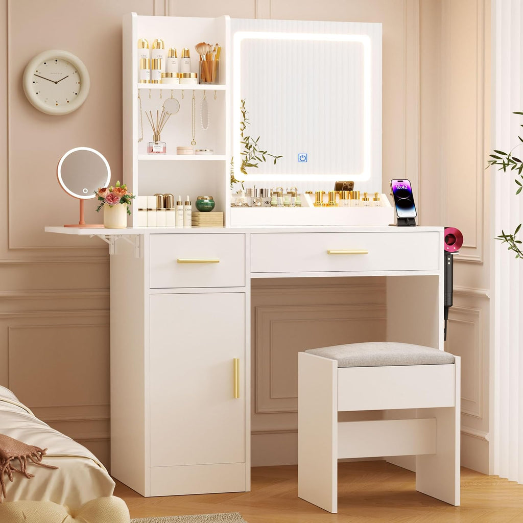 ERLEJIA Vanity Desk with Mirror and Lights & Extral Foldable Desk, 31.5' & 39.3' Makeup Vanity Table with 4 Drawers and 3 Open Shelves, Dressing Table for Bedroom, White