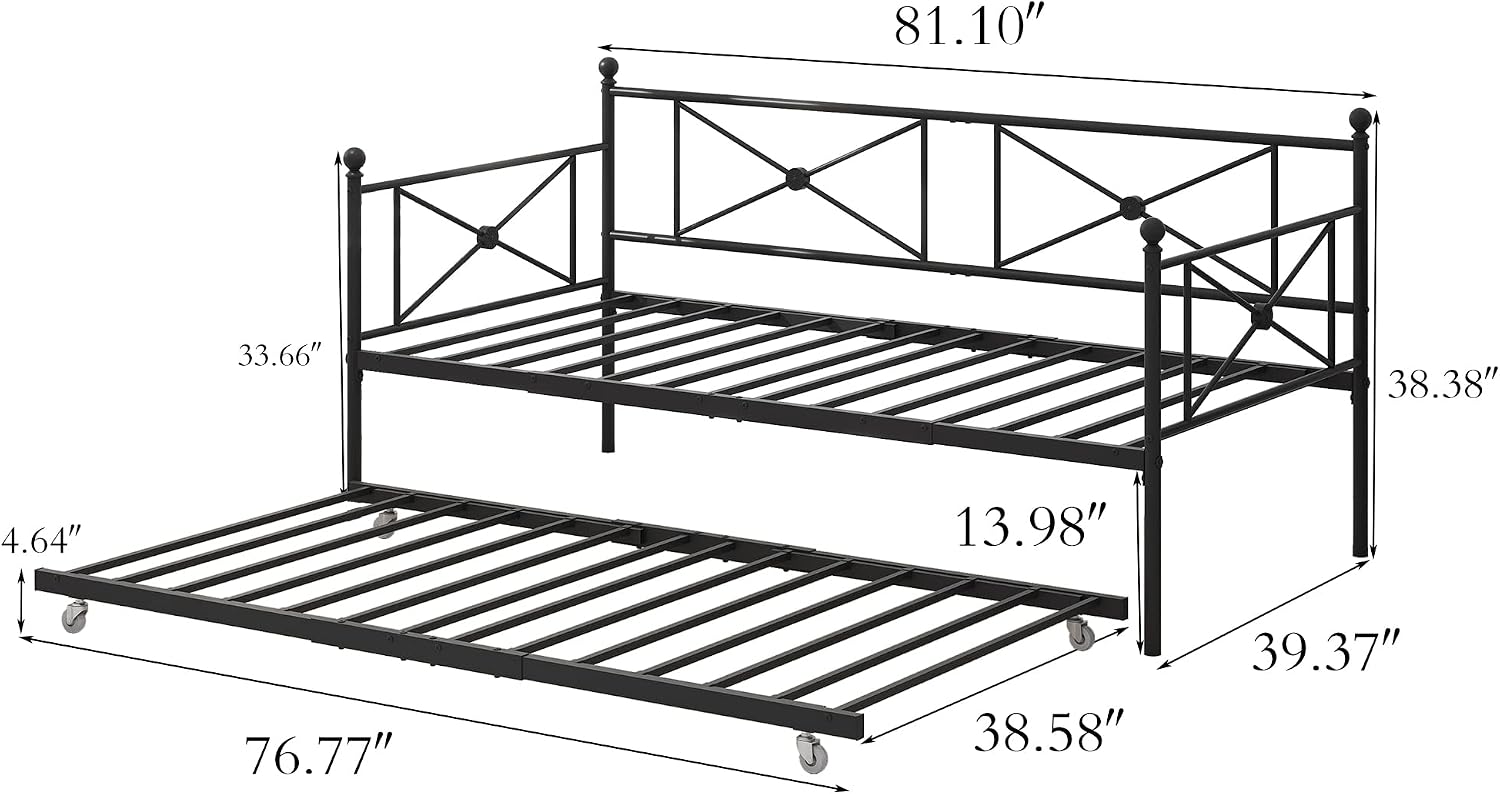 Sofa Bed Daybed with Trundle Sofa Bed Frame with Headboard,Premium Steel Slat Support,Multifunctional Mattress Foundation,Twin,Black
