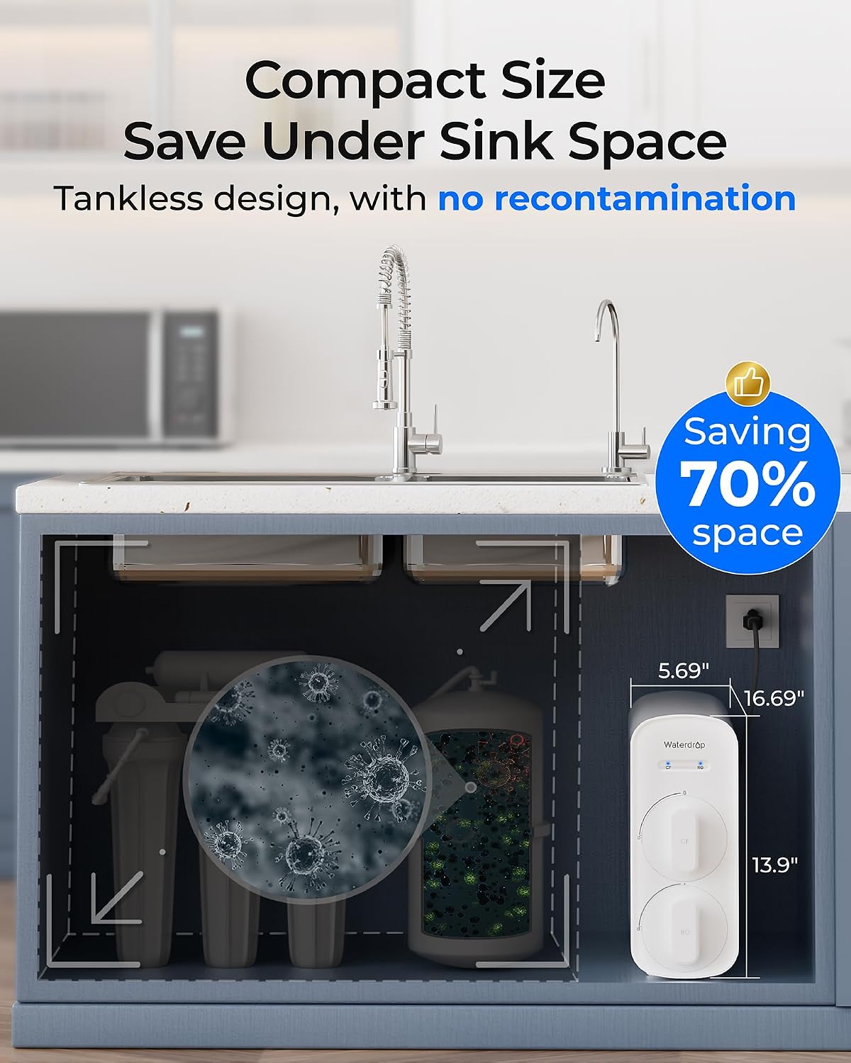Waterdrop G5P500A Alkaline Mineral pH+ Reverse Osmosis Water Filter, NSF/ANSI 58 & 372 Certified, 8 Stage Reverse Osmosis System, 500G RO Water Filtration System, 2:1 Pure to Drain, Reduces TDS