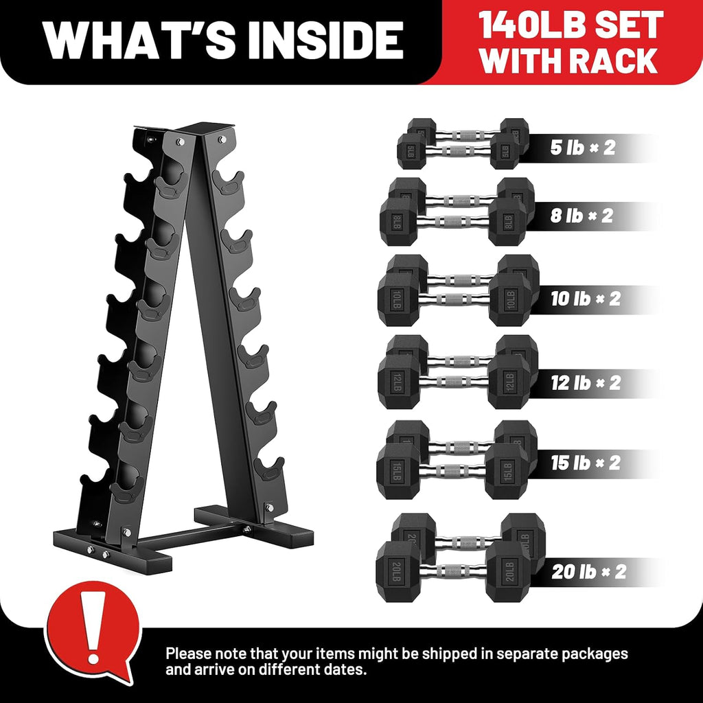 PAPABABE Dumbbell Set Rubber Encased Hex Dumbbell Free Weights Dumbbells Set Home Weight Set- 140 lb Set (Pair of 5, 8, 10, 12, 15, 20 lb with Rack)
