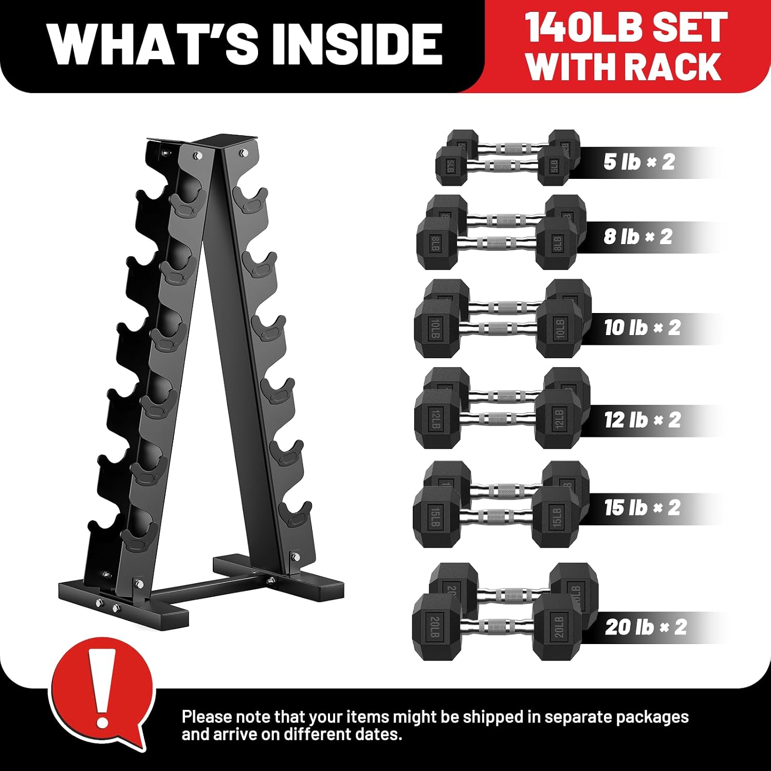 PAPABABE Dumbbell Set Rubber Encased Hex Dumbbell Free Weights Dumbbells Set Home Weight Set- 140 lb Set (Pair of 5, 8, 10, 12, 15, 20 lb with Rack)