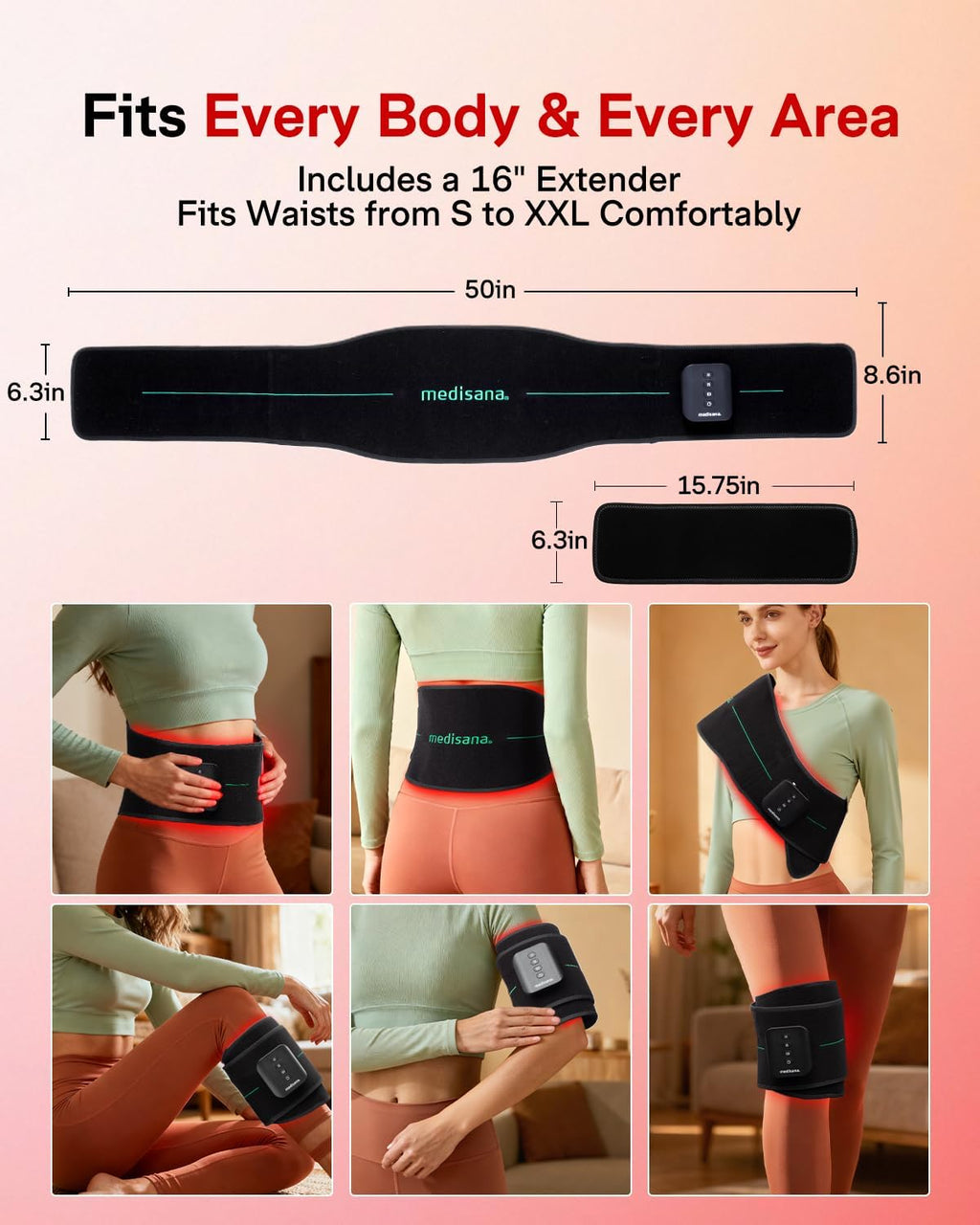 Medisana 3-in-1 Red Light Massager Belt, Heating Pad for Lower Back, Cordless Wearable Near Infrared & Red Light Therapy Belt Back Wrap with Adjustable Heat and Vibration for Lower Back Pain Relief