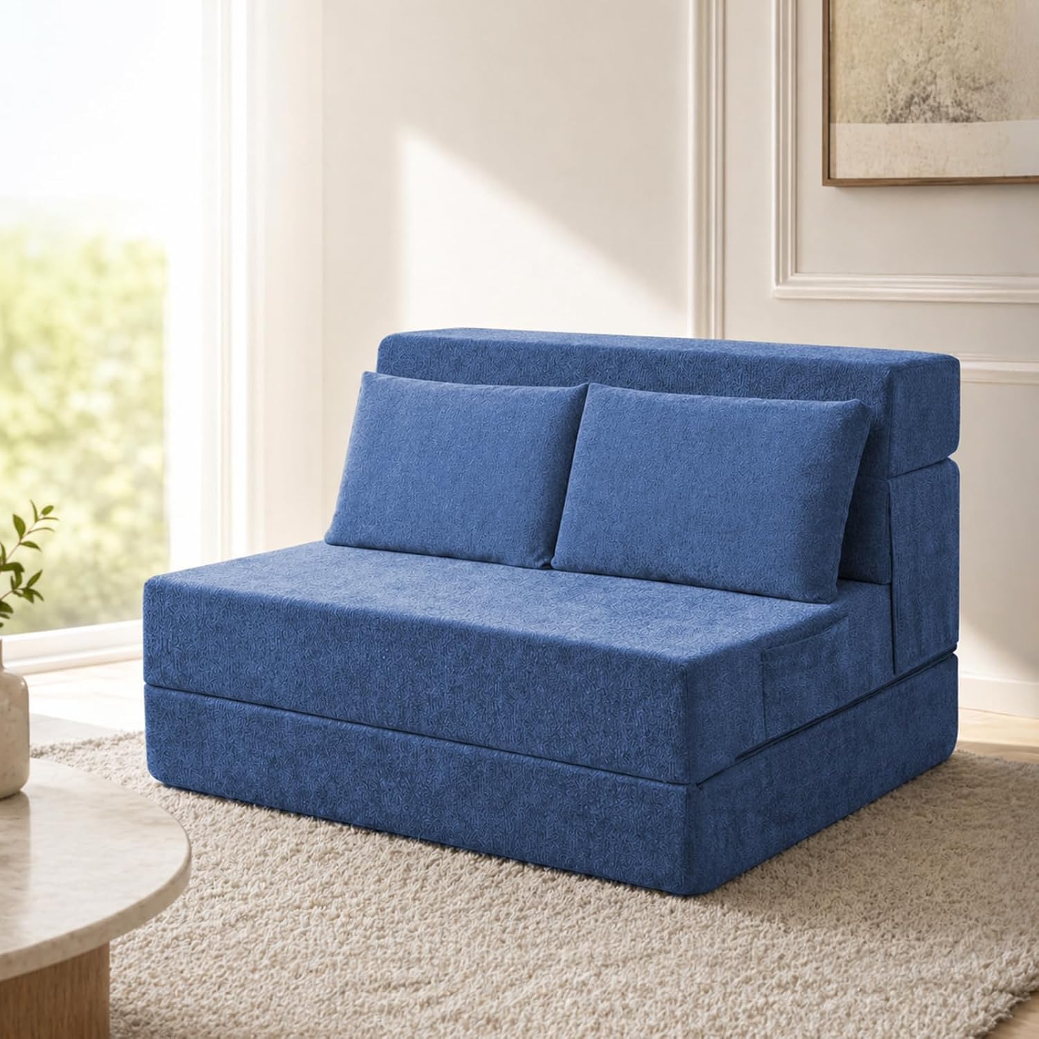 Folding Sofa Bed, Convertible Sleeper Chair with Pillow, Loveseat Fold Out Chair Bed, Memory Foam Floor Couch Mattress, Foldable Futon Couch Lounge for Living Room Guest (Blue, Twin XL)