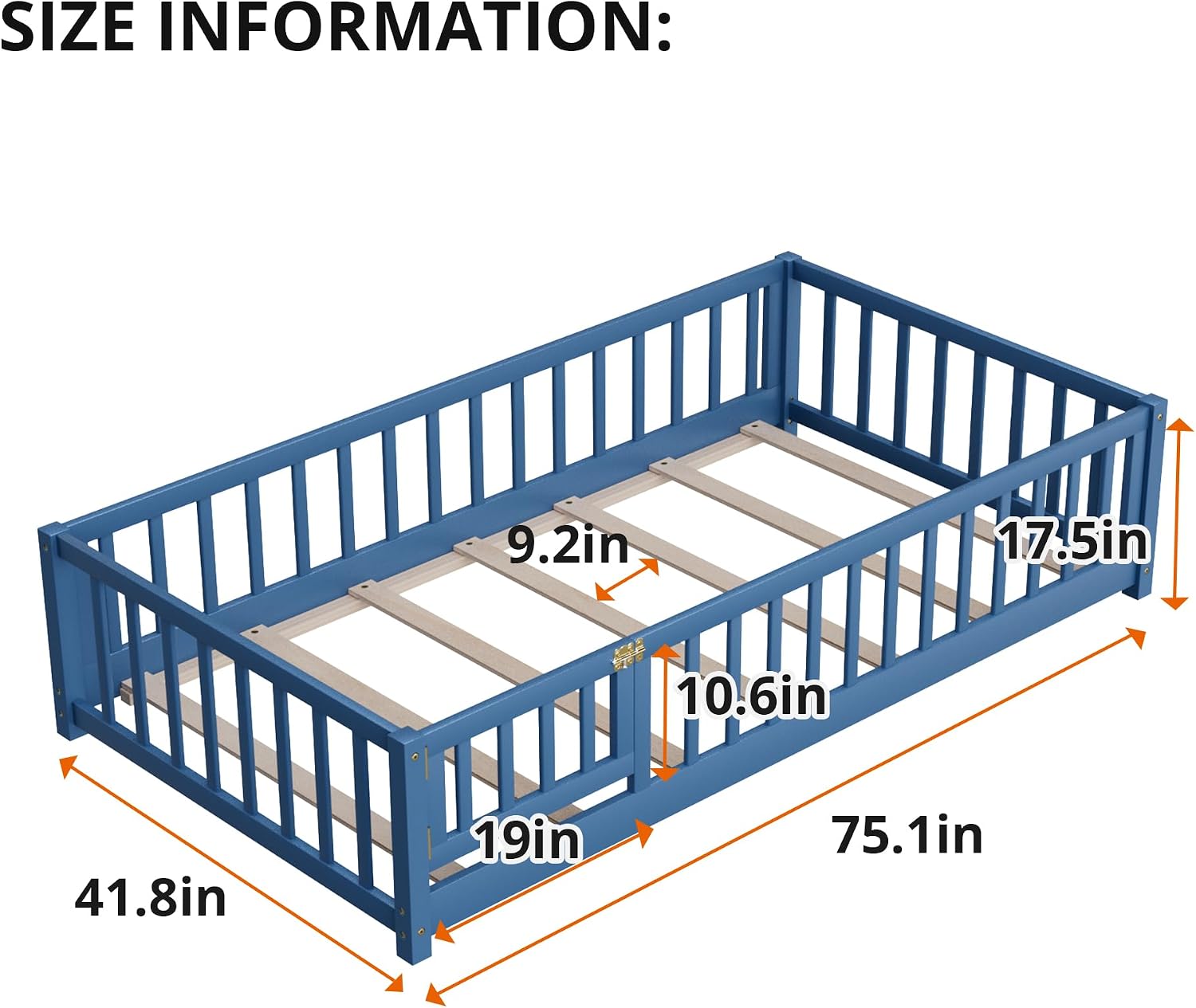 i-POOK Twin Floor Bed Frame with Wood Slats, High Fence & Small Door, Pinewood Montessori Floor Bed for Girls and Boys, Mist Blue