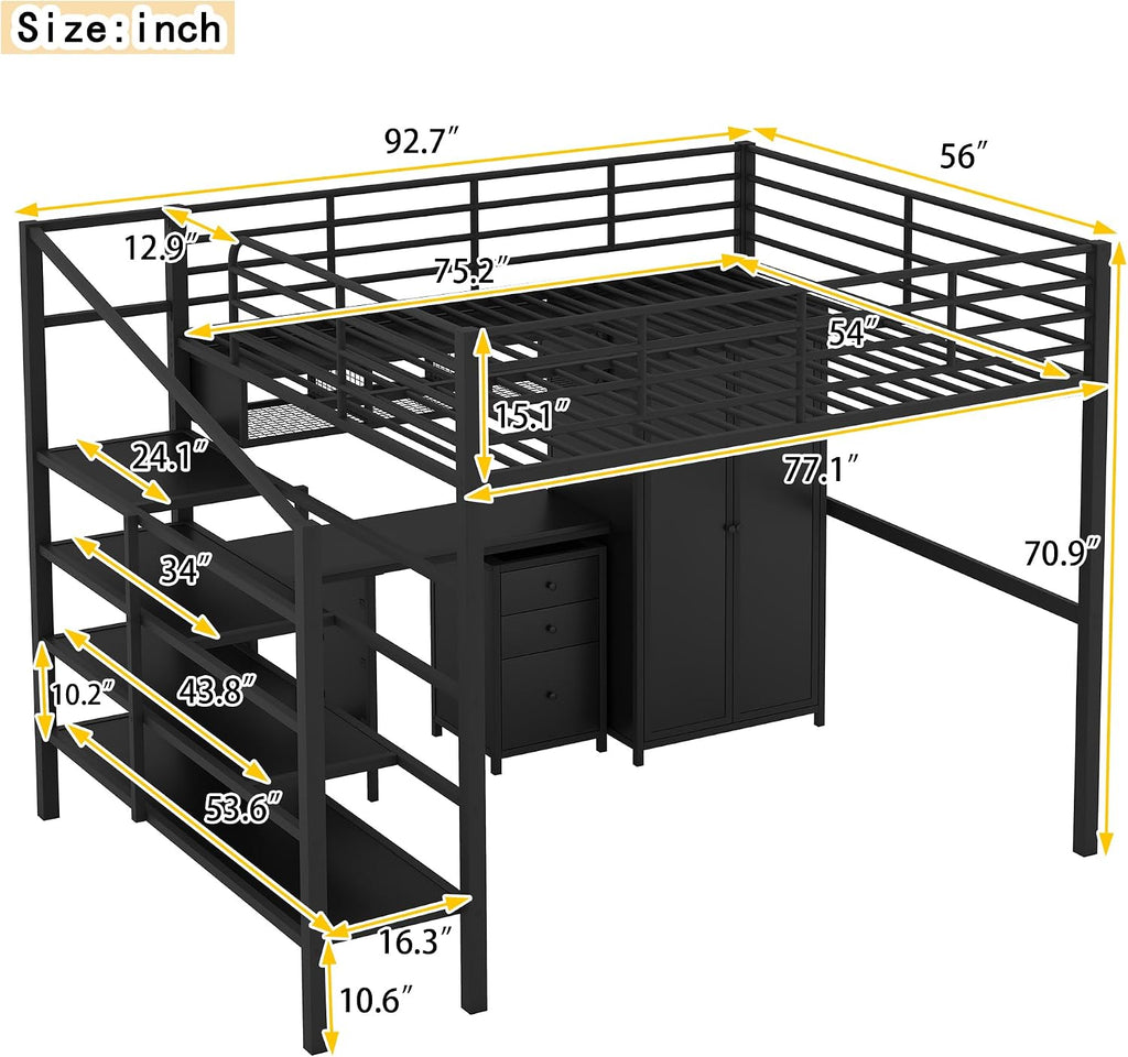 JIVOIT Metal Loft Bed Frame with Table Set, Full Size Storage Loft Bed with Wardrobe and 4-Layers Ladder, Full-Length Guardrails and Metal Slats Support, Space-Saving Bed Frame for Kids Teens