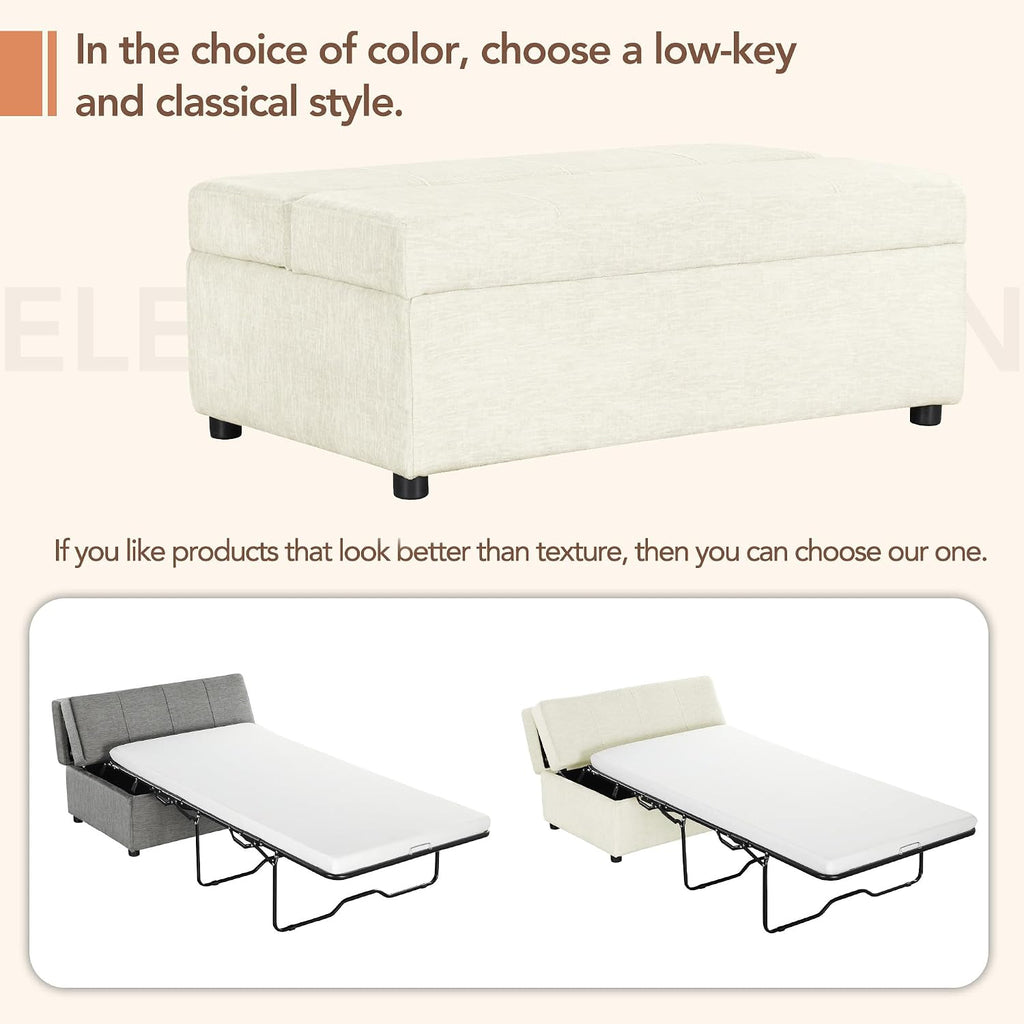 Folding Ottoman Sleeper Bed with Foldable Foam Mattress, Faux Leather Upholstered with Pull Out Bed and Steel Frame Base, Twin Size, for Living Room Bedroom Office (White Chenille)