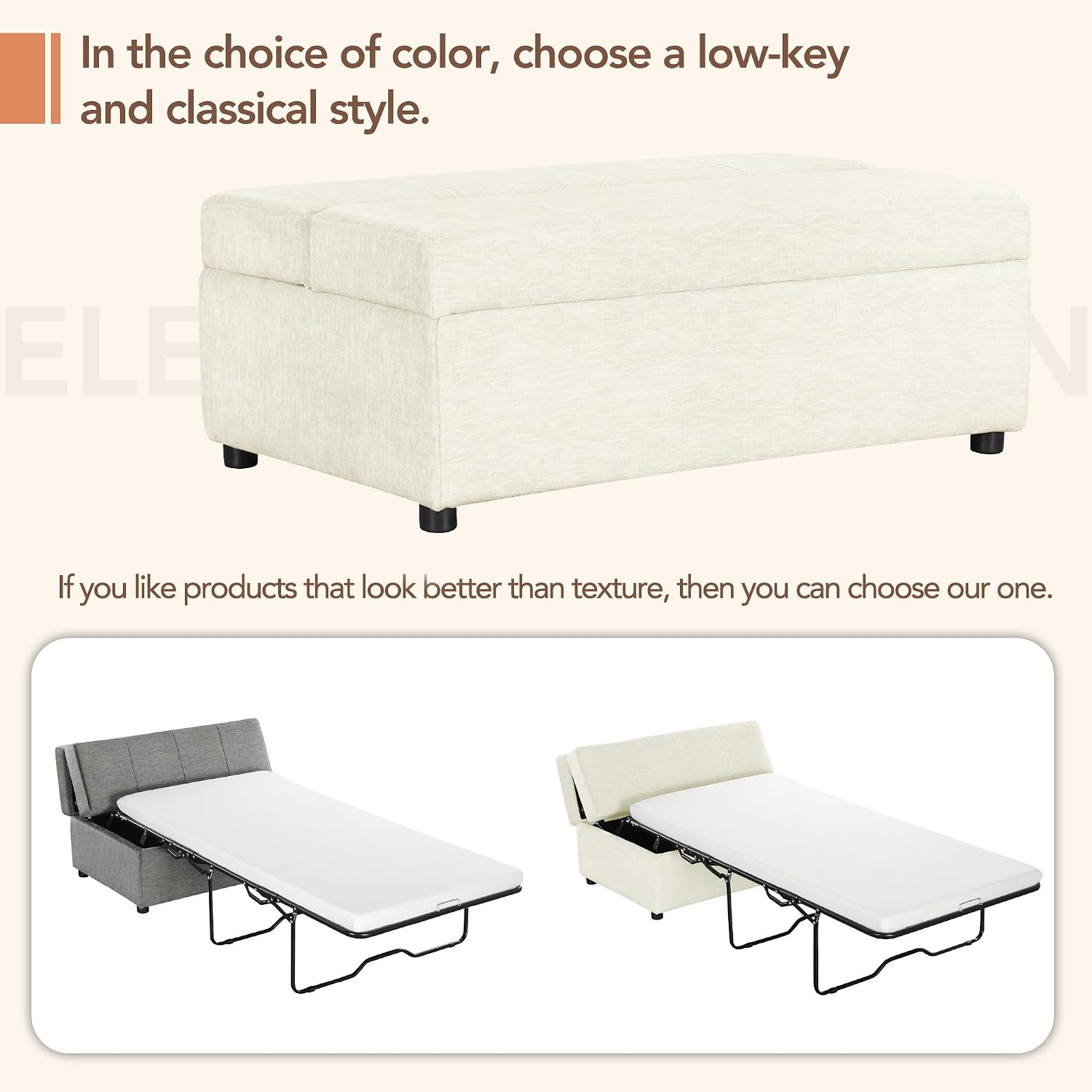 Folding Ottoman Sleeper Bed with Foldable Foam Mattress, Faux Leather Upholstered with Pull Out Bed and Steel Frame Base, Twin Size, for Living Room Bedroom Office (White Chenille)