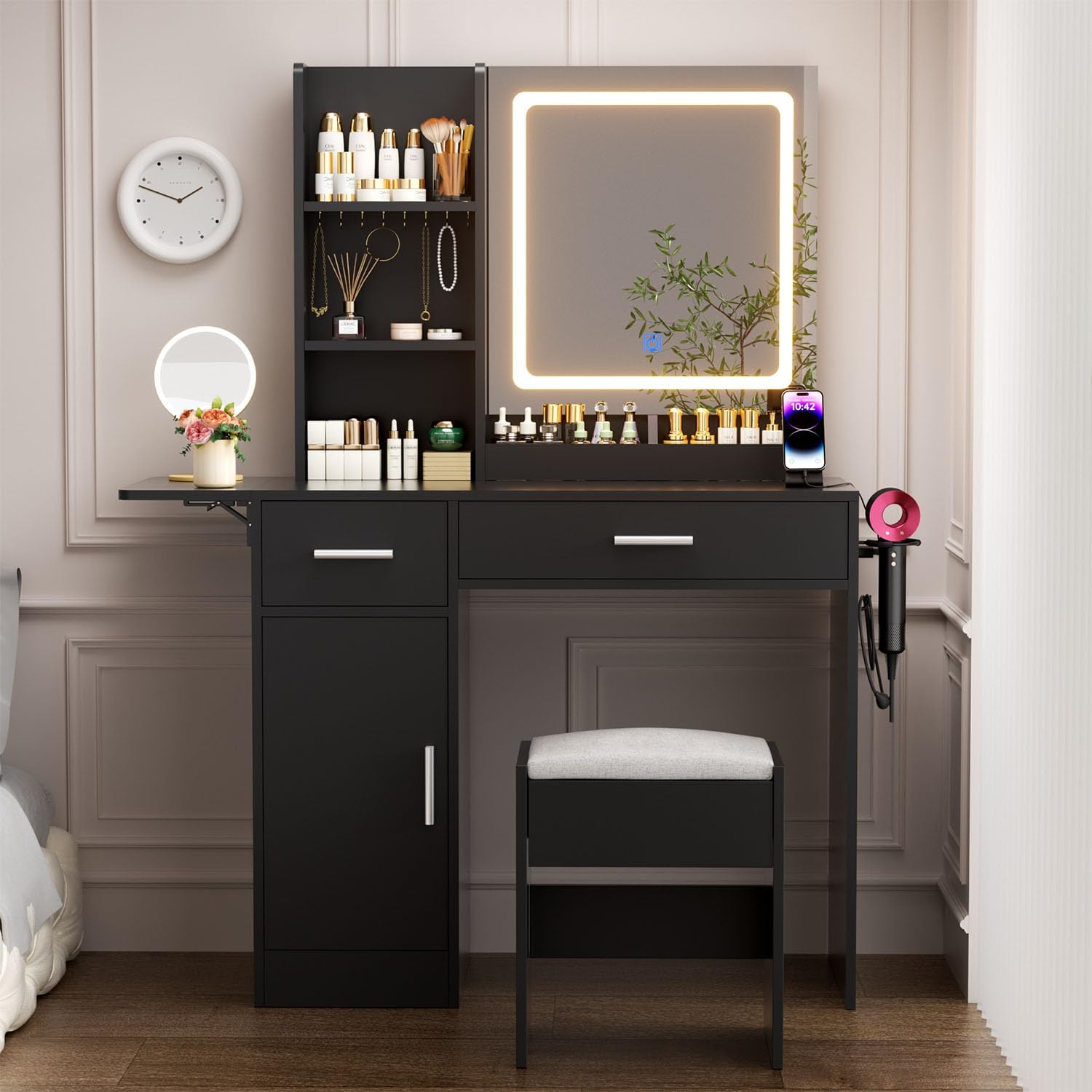 ERLEJIA Vanity Desk with Mirror and Lights & Extral Foldable Desk, 35.43' & 43.3' Makeup Vanity Table with Stool and Plug Outlet, 5 Drawers and Open Shelves Dressing Table for Bedroom,Black
