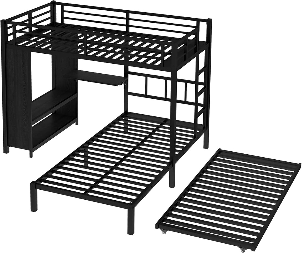 JIVOIT Metal Bunk Bed with Trundle, Twin Over Twin Bunk Bed with Foldable Desk, Built-in Wardrobe, Ladders and Safety Guard, Noise-Reduced Design, Space-Saving, No Box Spring Needed