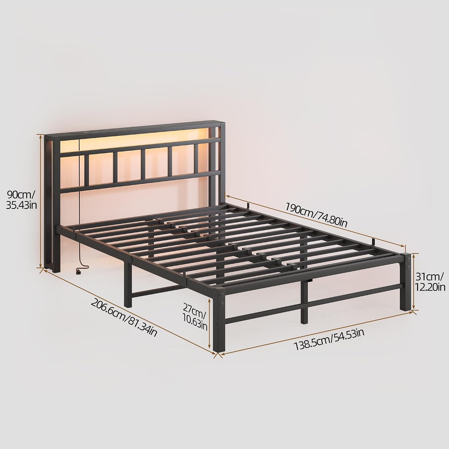 Full Size Bed Frame with Headboard,LED Light and Charging Station with Wood Shelves,Metal Platform Bed with Heavy Duty Slats Support,No Box Spring Needed,Easy Assembly,Noise Free,Black